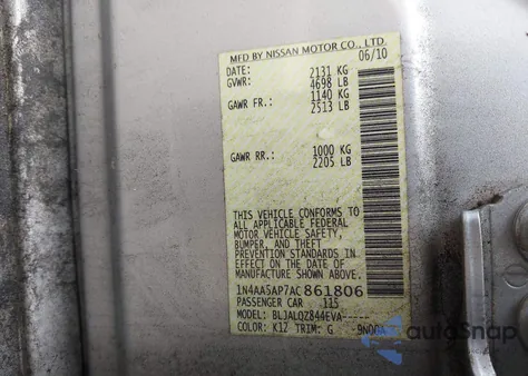 2010 Nissan Maxima 3.5 S from USA, damaged, VIN 1N4AA5AP7AC861806